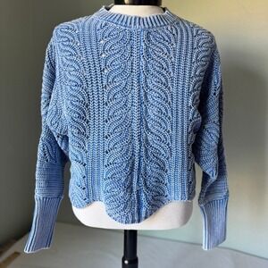 Driftwood Blue Cotton Pointelle Cable Knit Sweater Scalloped NWT Medium